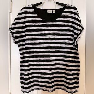 🌺 Chicos Womens Size 3 (XL) Black White Stripe Cap Sleeve Eyelet Top